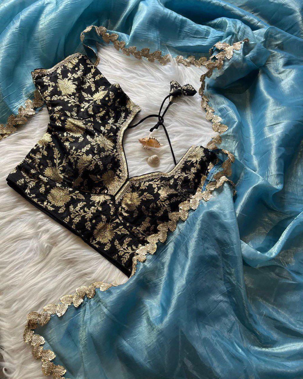 Glamorous Party Wear Crushed Tissue Saree with Sequin Embroidery & Zari Blouse