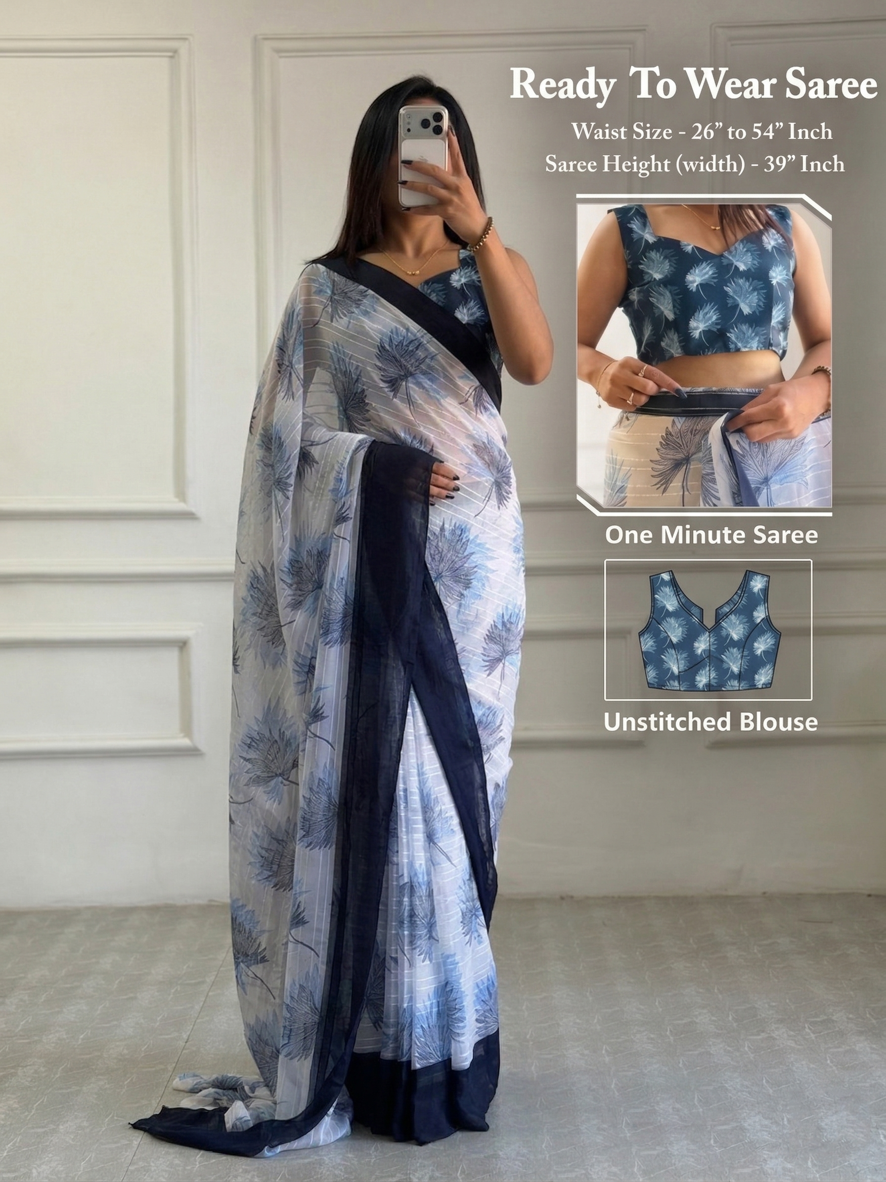 1-Mintue Ready To Wear Chiffon Printed Saree