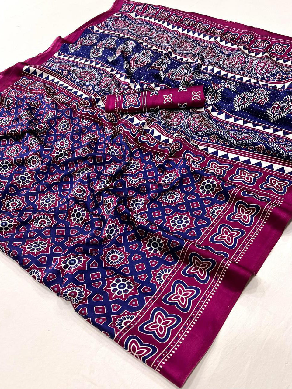 Soft Modal Silk Natural Ajrakh Printed Saree