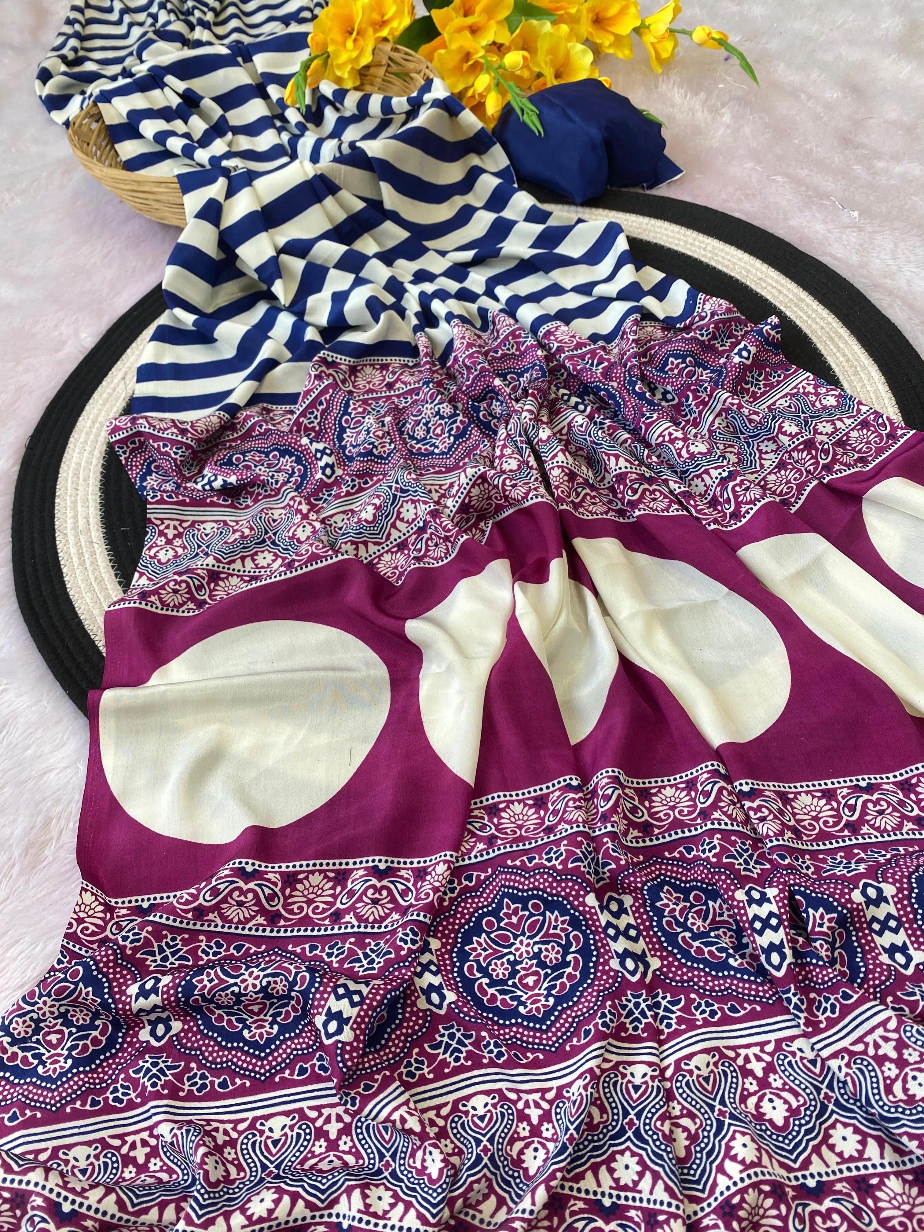 Printed Satin Saree with Unstitched Blouse Piece