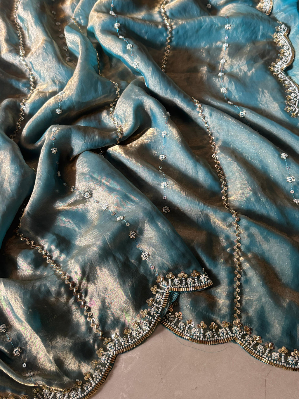 Hand-Embellished Silk Saree with Moti, Cutdana & Sequin Work