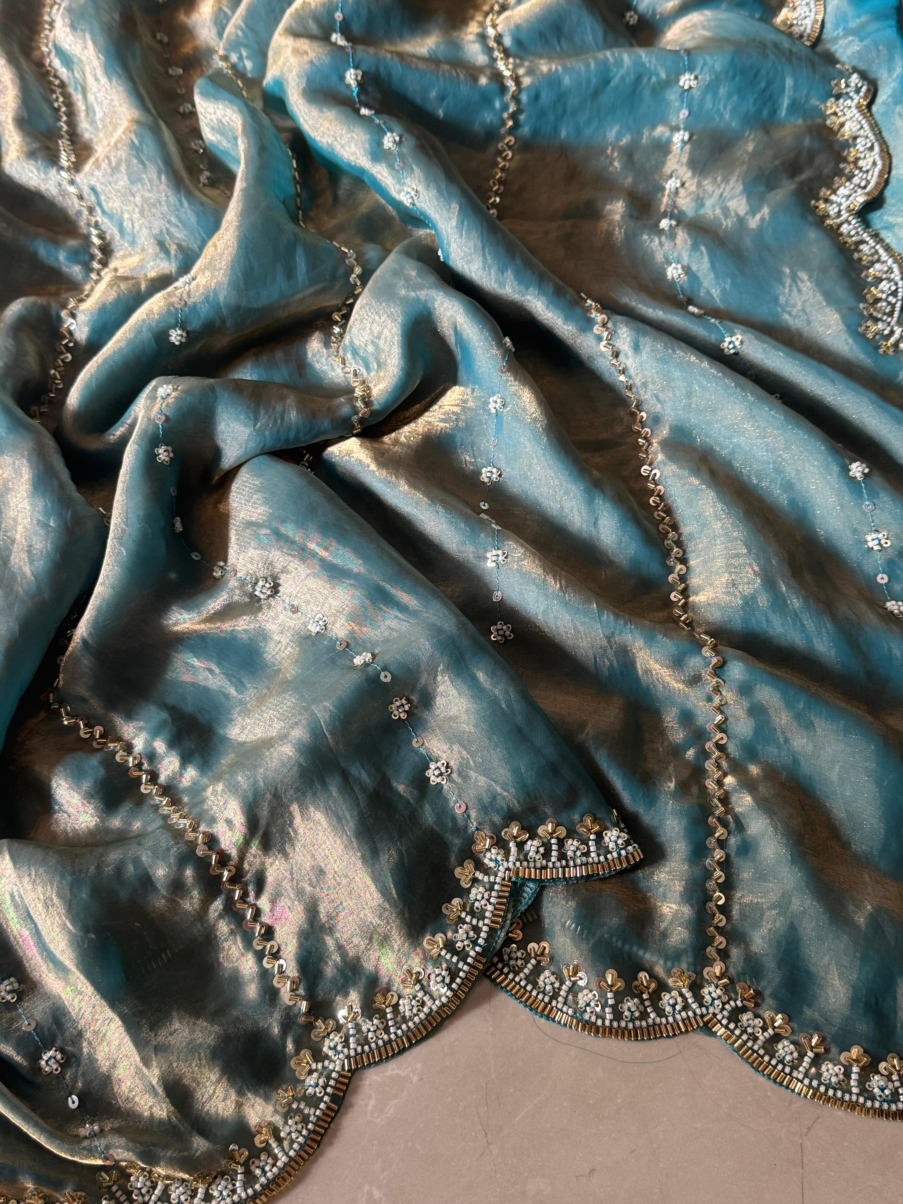 Hand-Embellished Silk Saree with Moti, Cutdana & Sequin Work