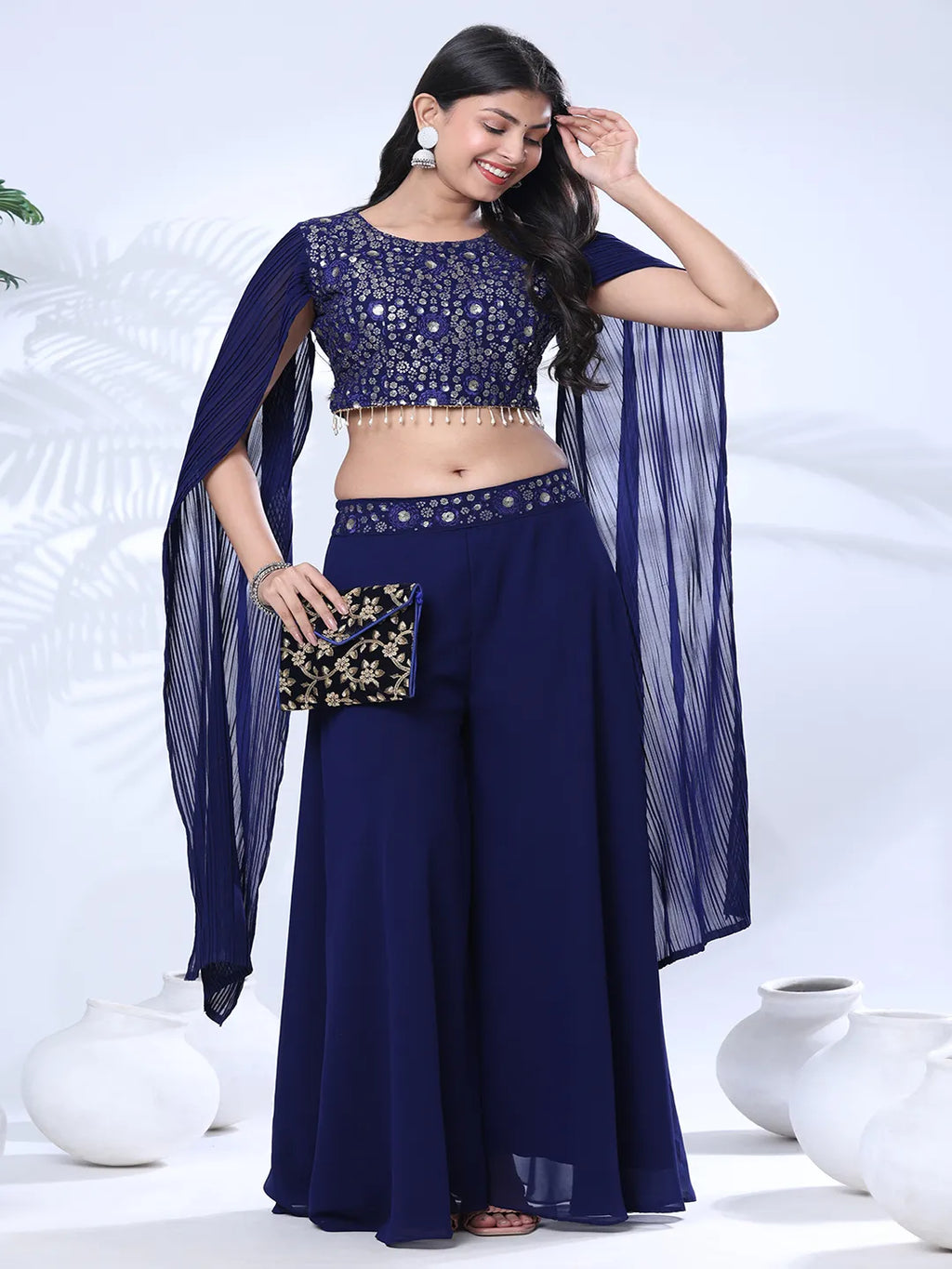 Georgette Floral Embroidered Sequined Crop Top with Palazzo