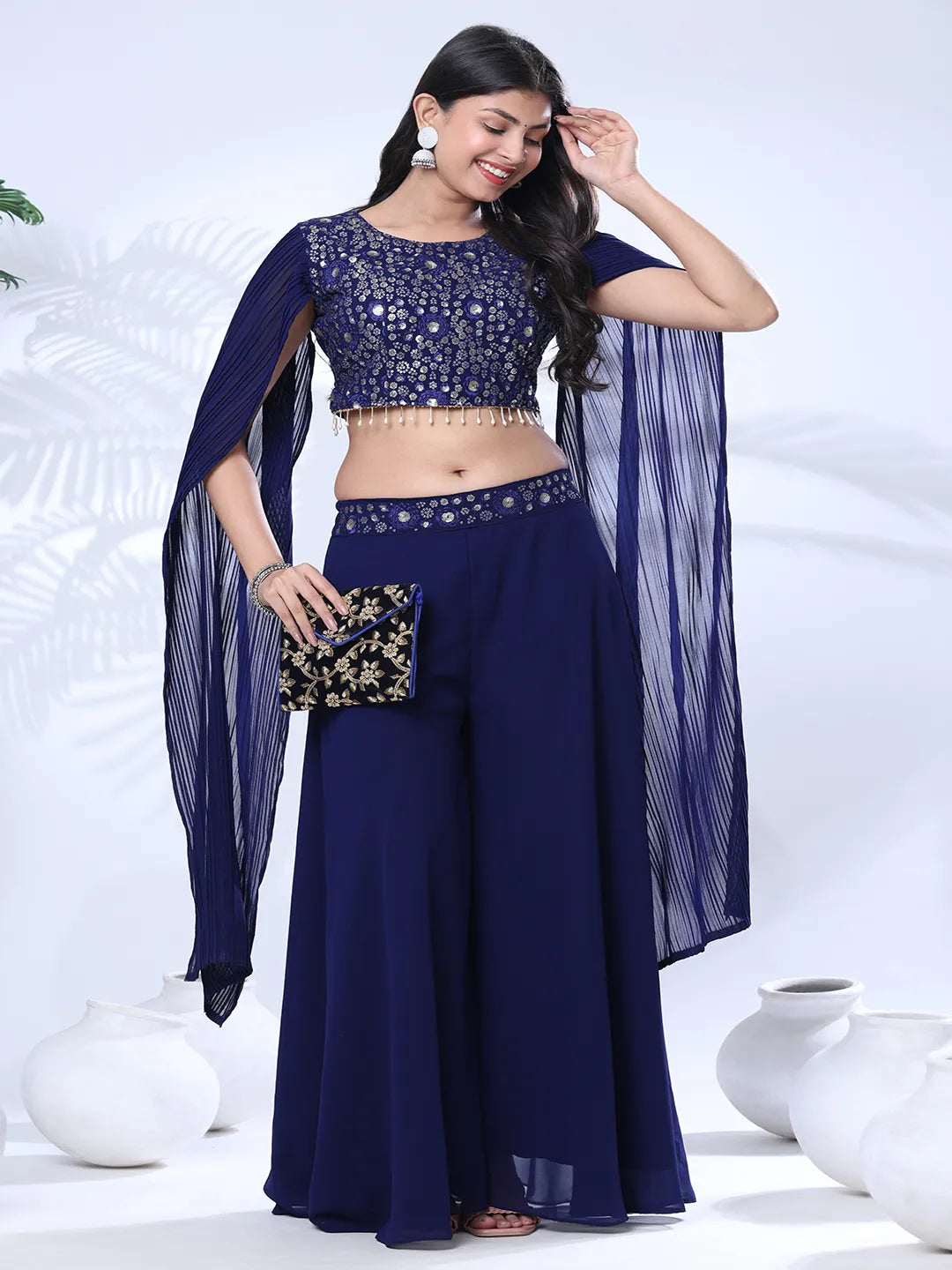 Georgette Floral Embroidered Sequined Crop Top with Palazzo