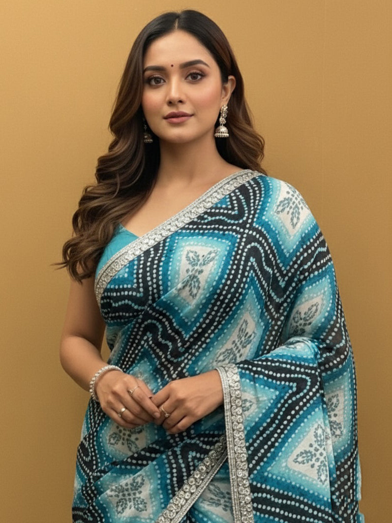 Bandhani Printed Chiffon Saree with Embroidered Border