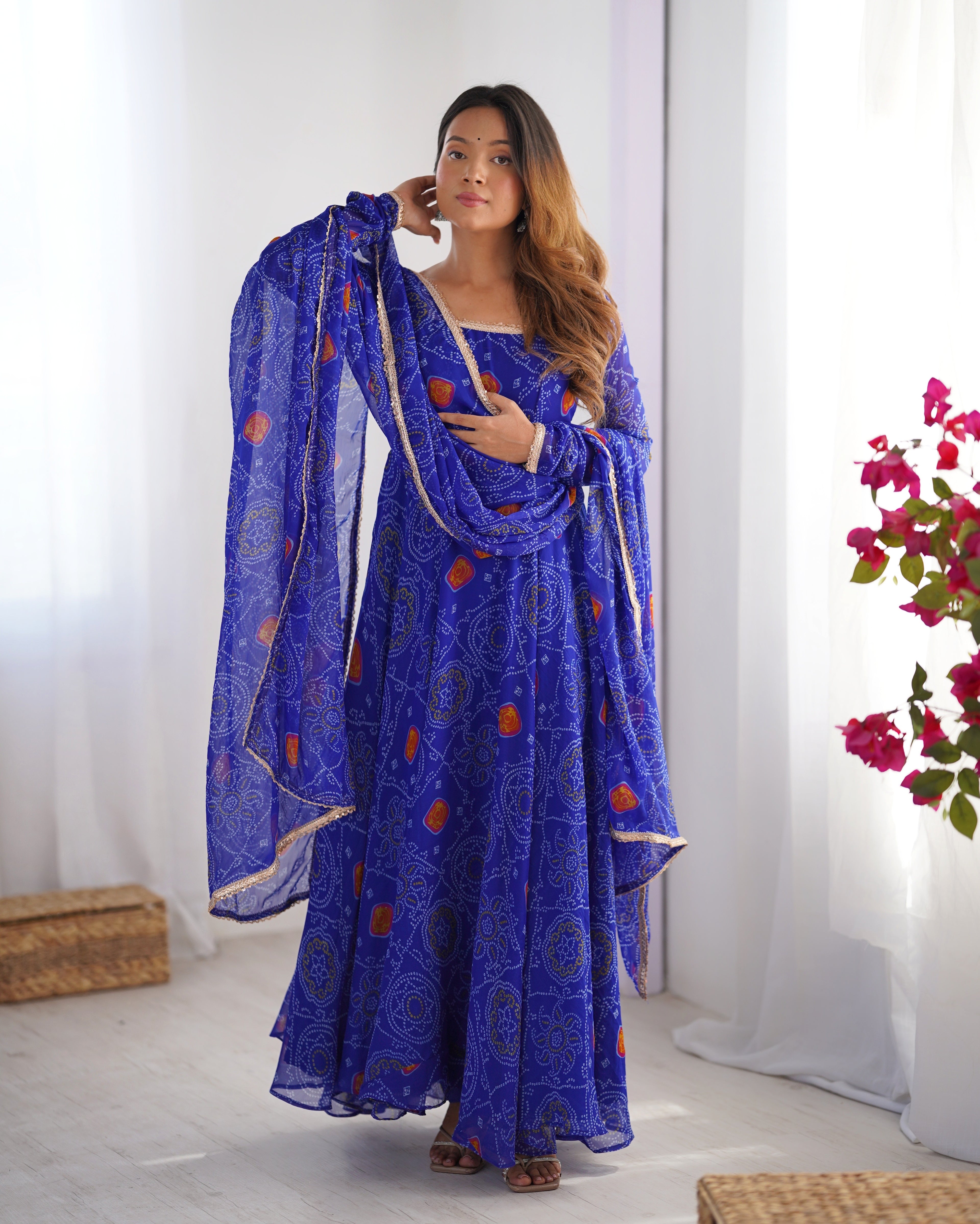 Women Bandhej Printed Chiffon Anarkali Kurta with Dupatta Set