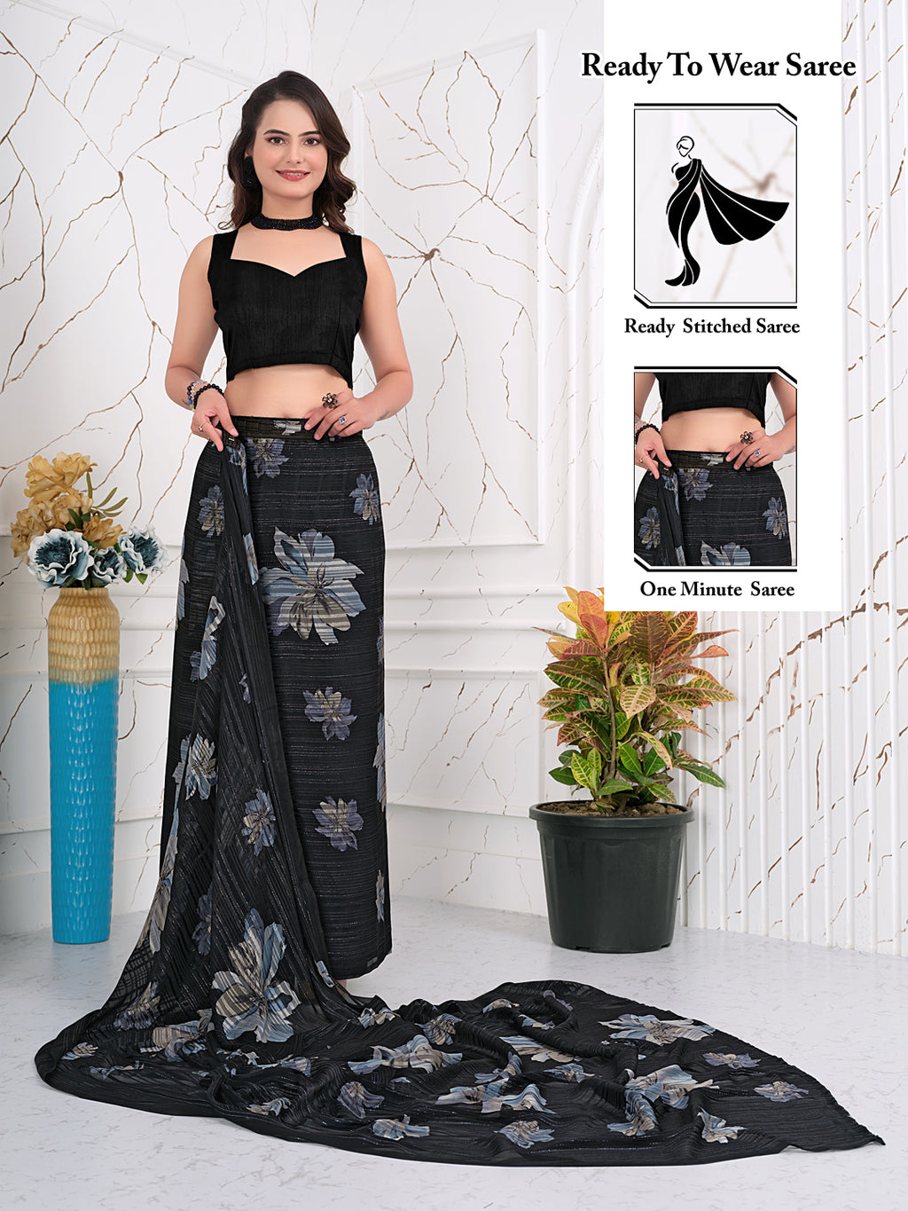 Ready-to-Wear Chiffon Saree with Zari Lines for Party Look
