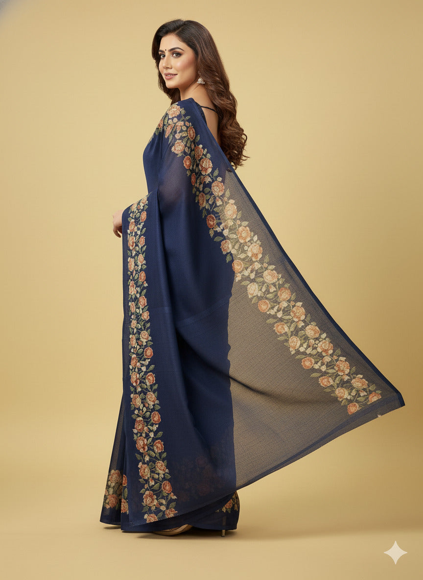 Elegant Floral Border Print Georgette Border Saree