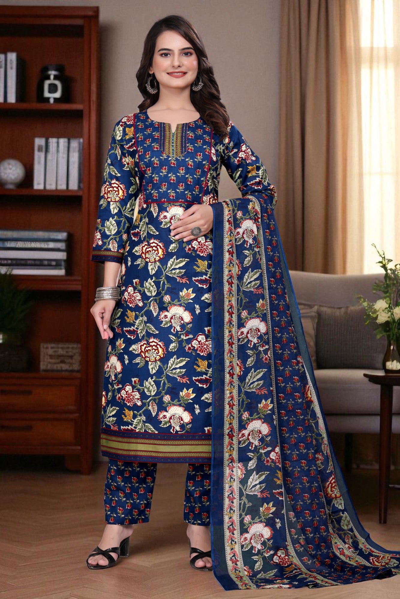 Women's Cotton Floral Printed Kurta Set with Dupatta
