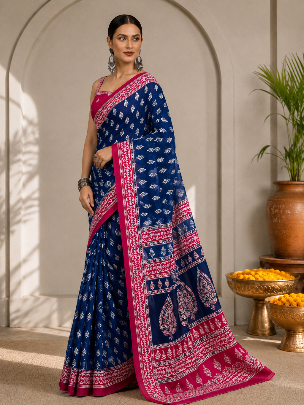 Block Printed Mulmul Saree with Leaf Motifs and Contrast Border