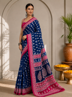 Block Printed Mulmul Saree with Leaf Motifs and Contrast Border
