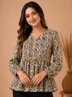 Women Pure Cotton Printed V Neck Flared Tunic