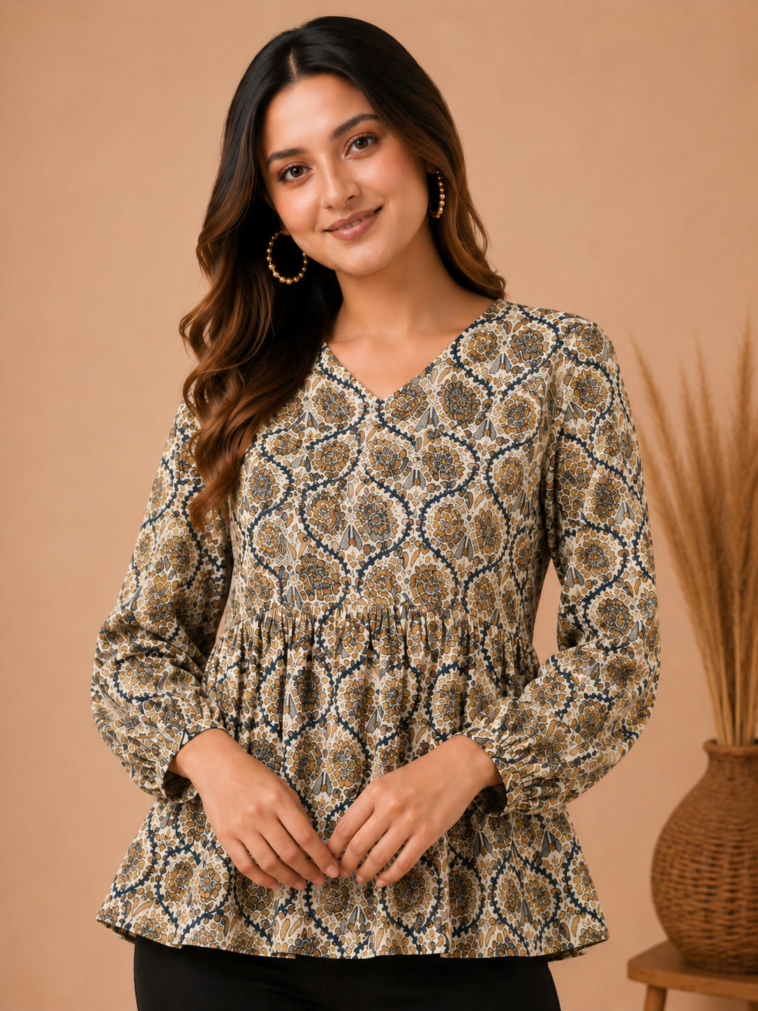 Women Pure Cotton Printed V Neck Flared Tunic