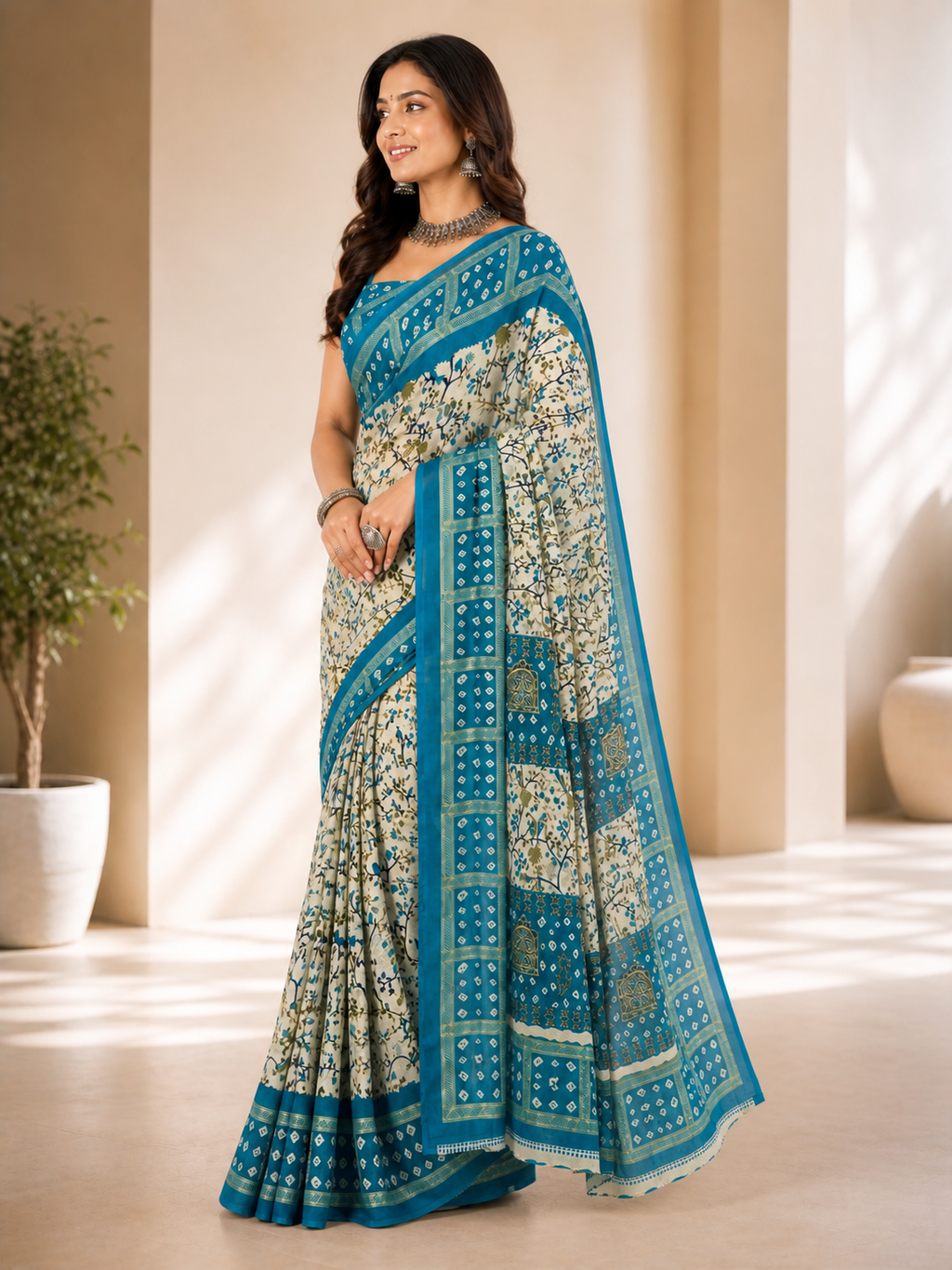 Women Printed Moss Chiffon Saree with Zari Border