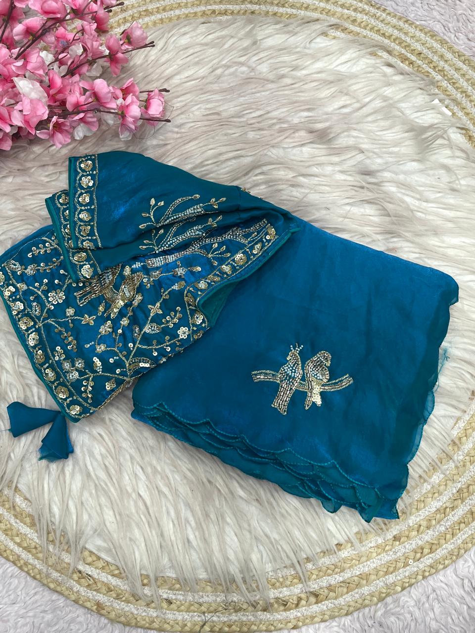 Satin Saree with Heavy Beaded Work Stitched Blouse
