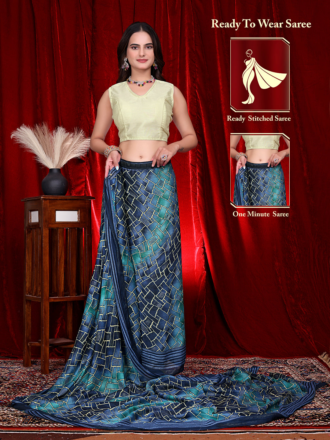 Heavy Chiffon Color Block Printed Ready-to-Wear Saree