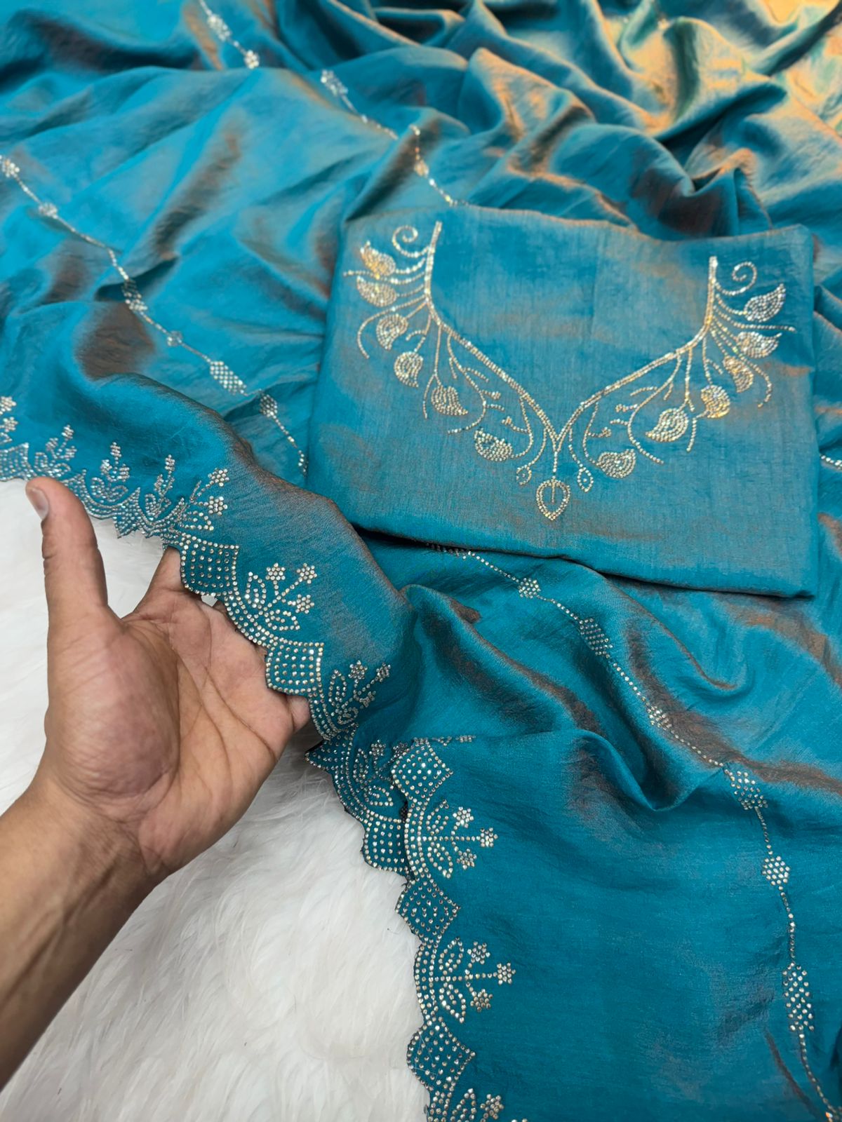 Two-Tone Chocolate Saree with Diamond Panel Handwork and All-Over Cutwork