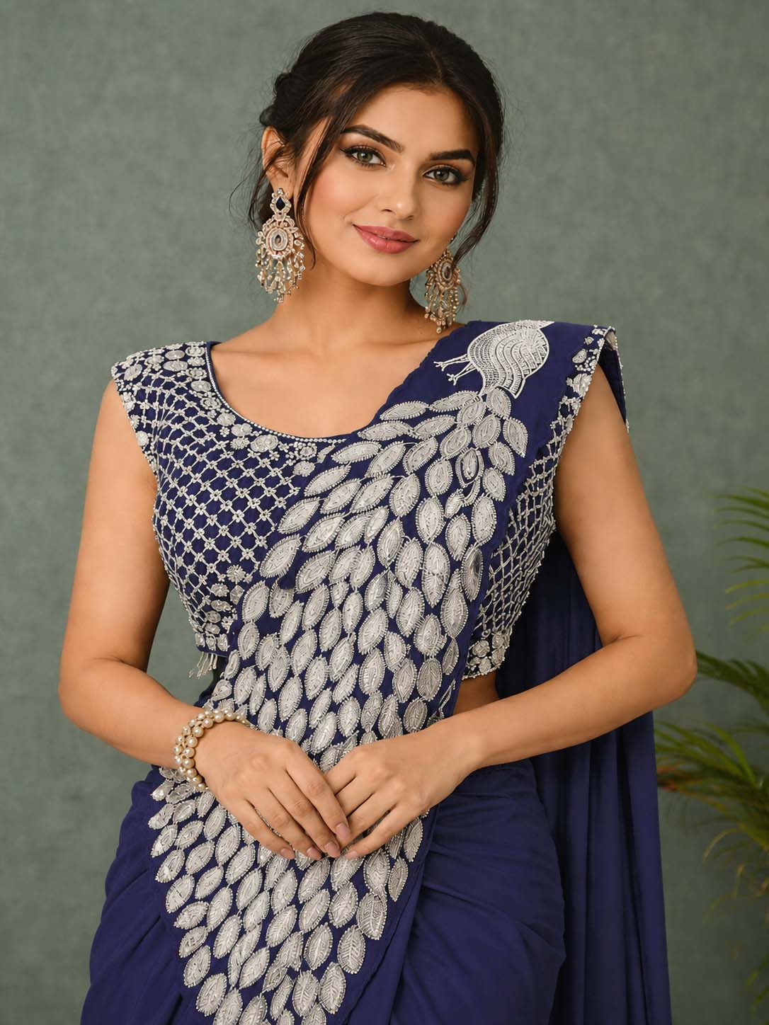 Ready to Wear Silk Crepe Saree with Heavy Embroidery Sequence Work Stitched Blouse