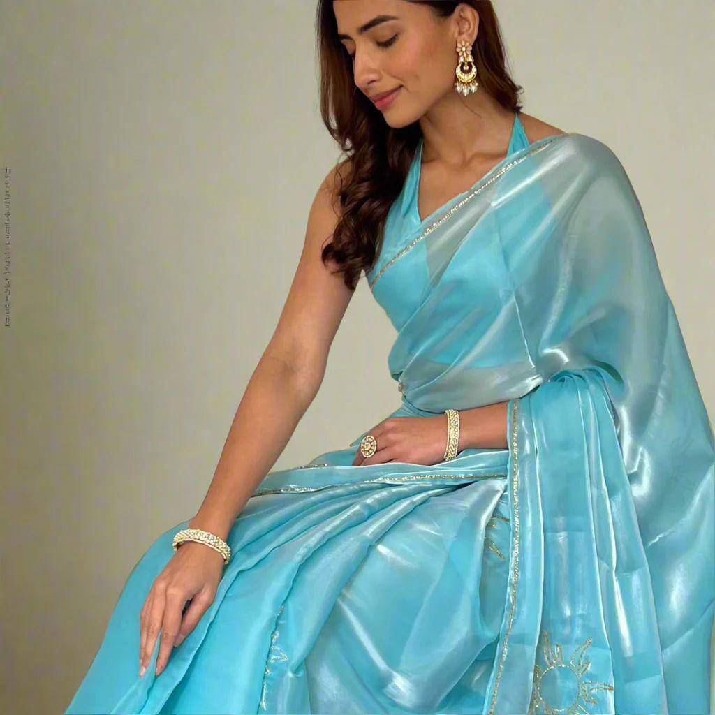 Elegant Floral Tabi Organza Saree with Cut Dana Handwork