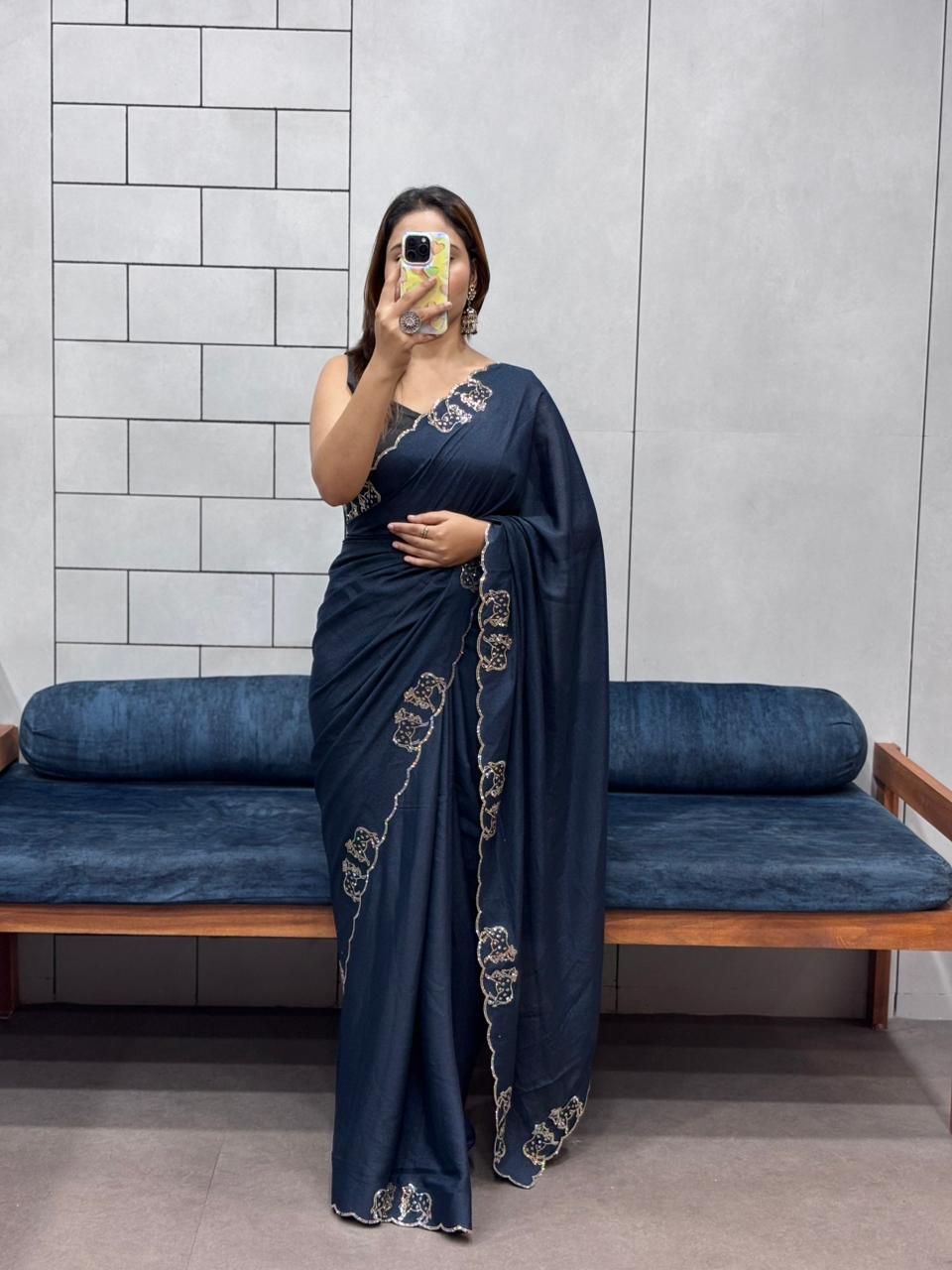 Shimmering Two-Tone Chiffon Saree with Exquisite Diamond Cut Work