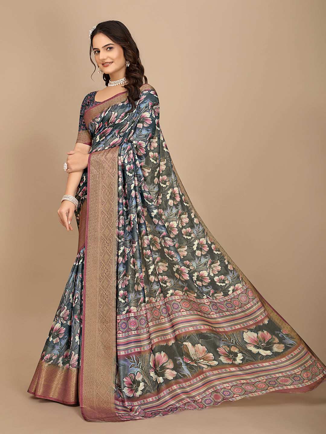 Moss Chiffon Digital Print With Jacquard Border Saree
