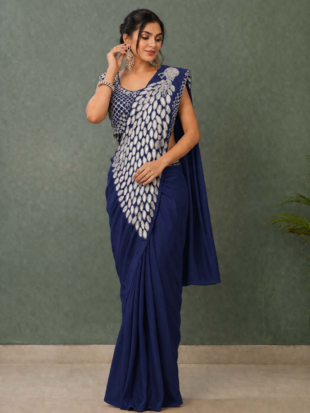 Ready to Wear Silk Crepe Saree with Heavy Embroidery Sequence Work Stitched Blouse