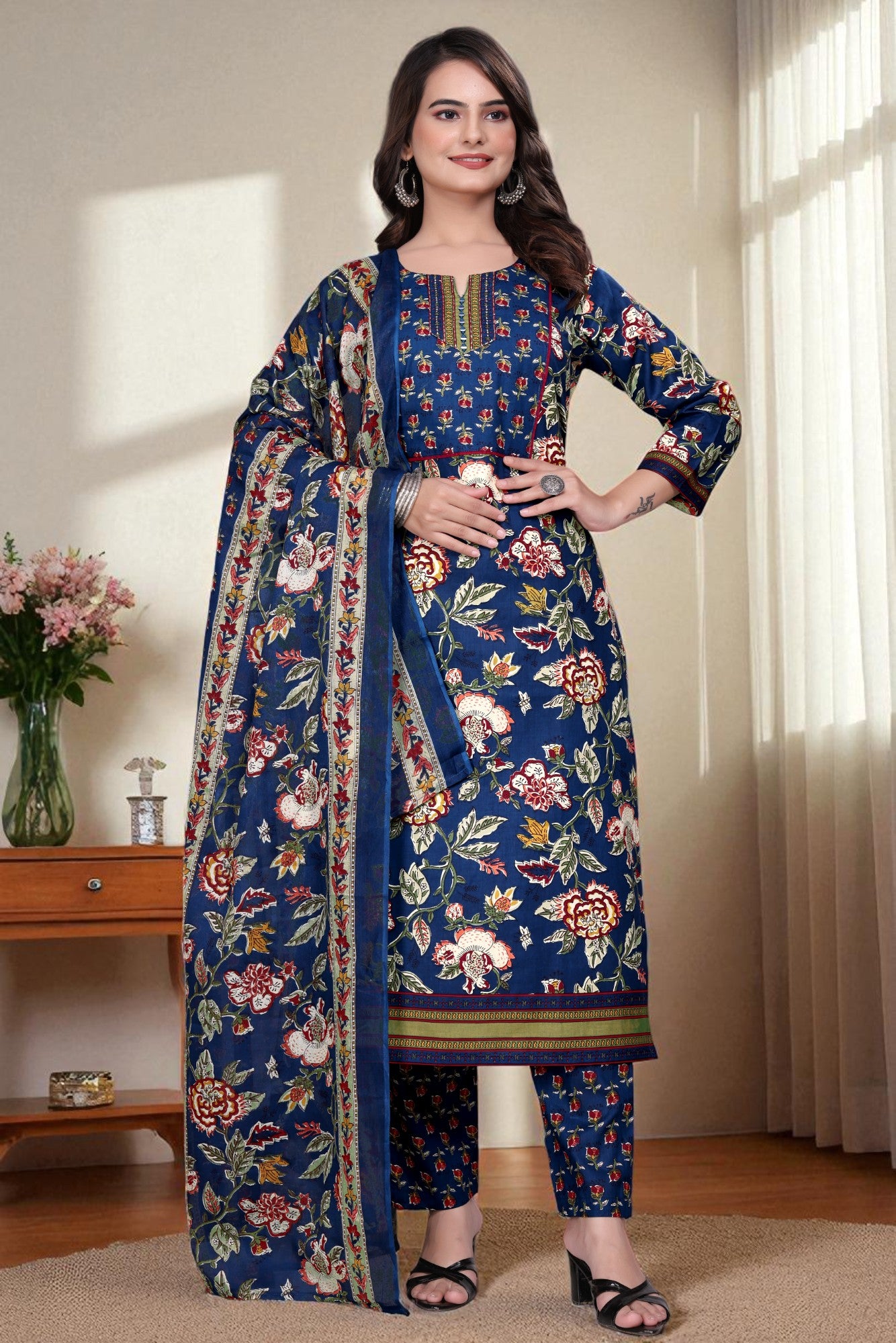 Women's Cotton Floral Printed Kurta Set with Dupatta