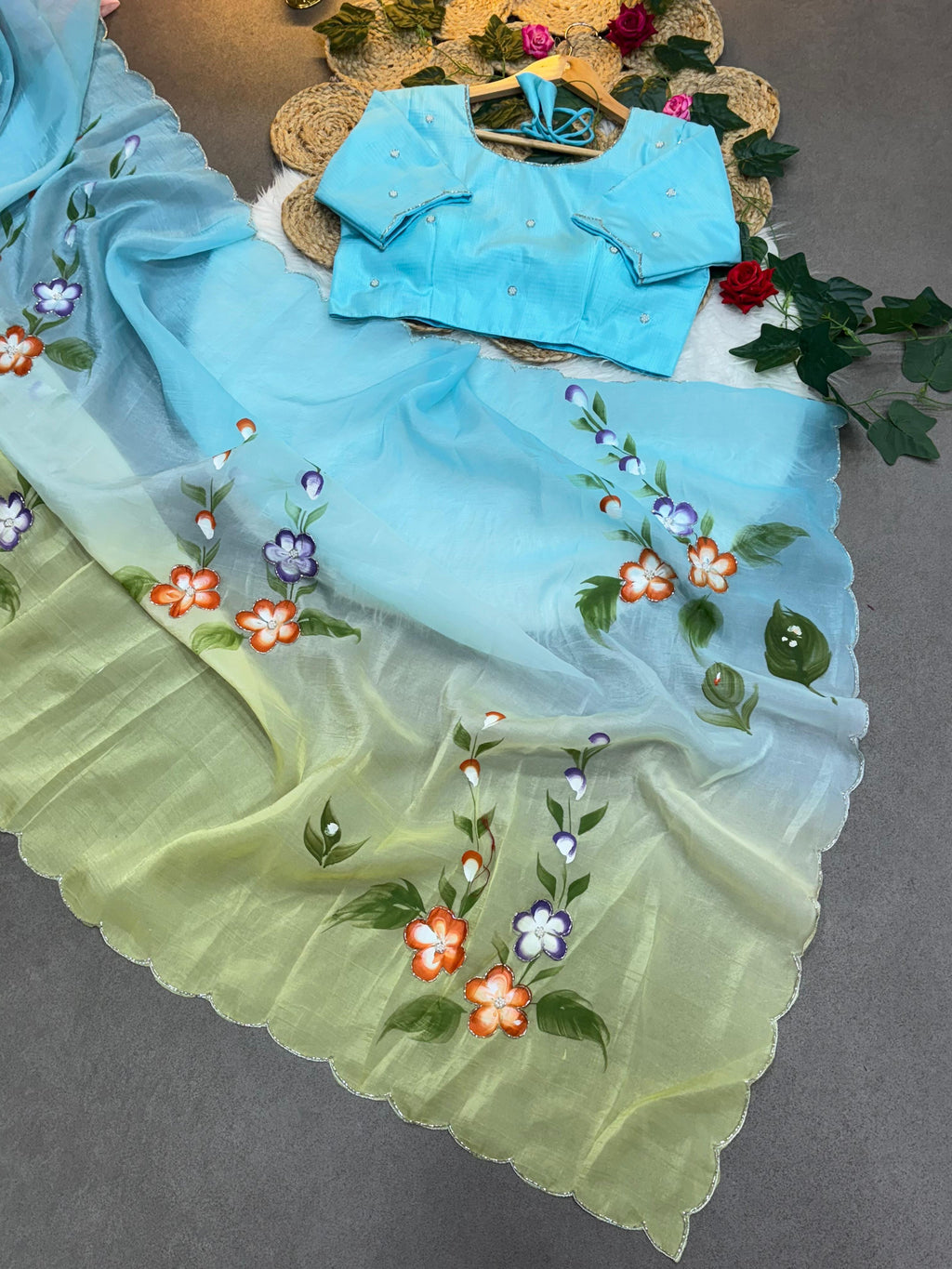 Exquisite Handpainted Crush Saree with Cut Dana Handwork & Designer Blouse