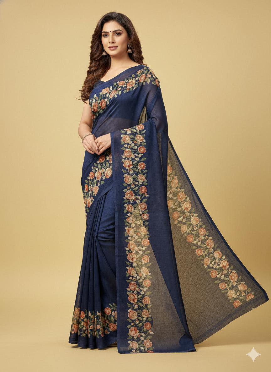 Elegant Floral Border Print Georgette Border Saree