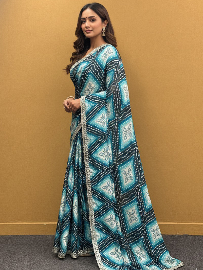 Bandhani Printed Chiffon Saree with Embroidered Border