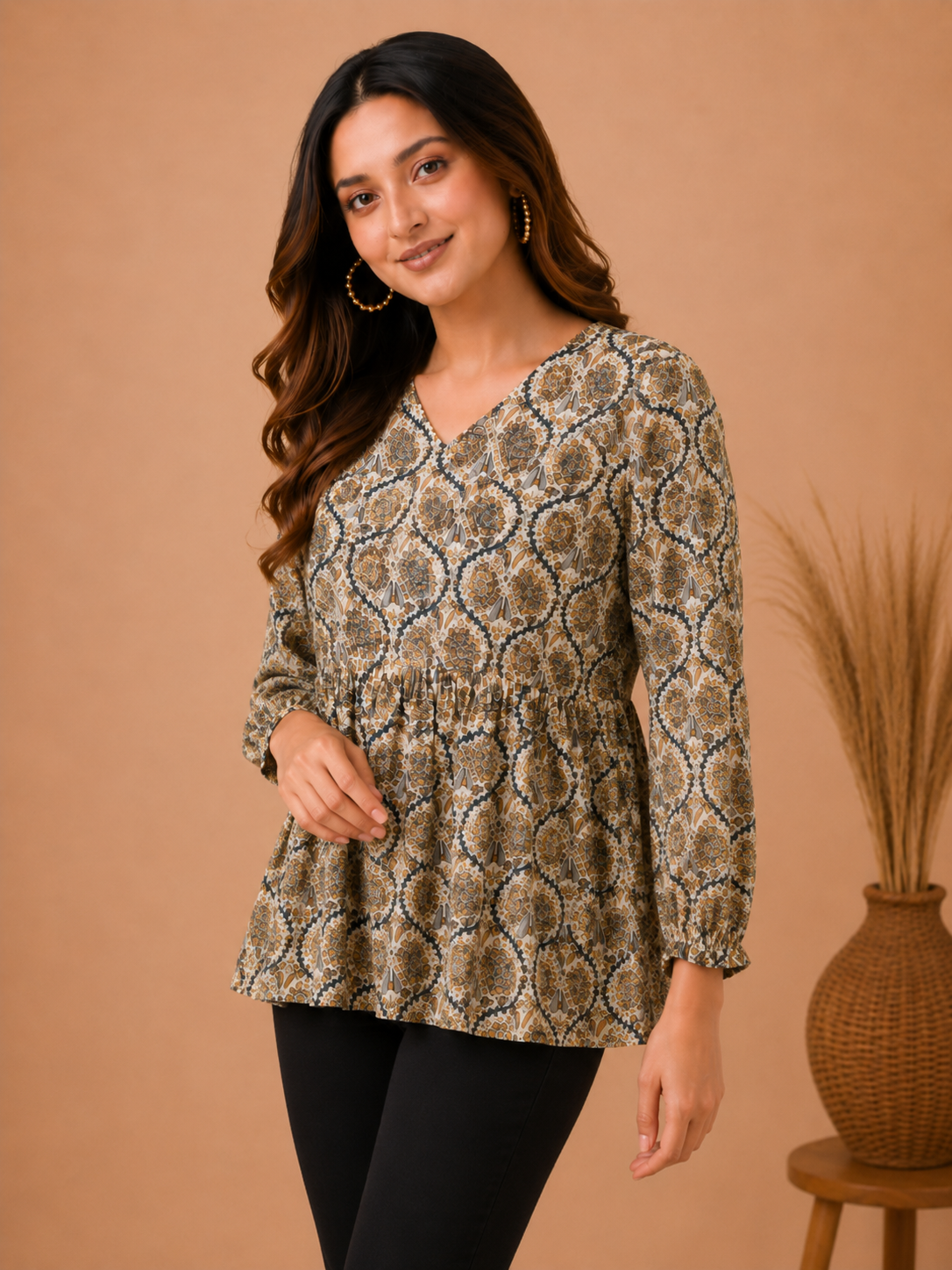 Women Pure Cotton Printed V Neck Flared Tunic