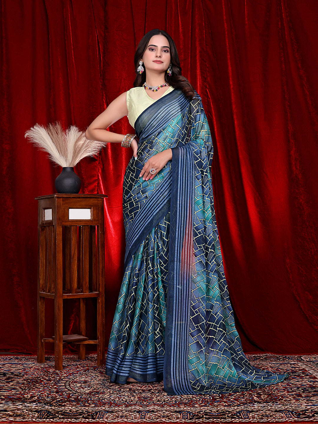 Heavy Chiffon Color Block Printed Ready-to-Wear Saree