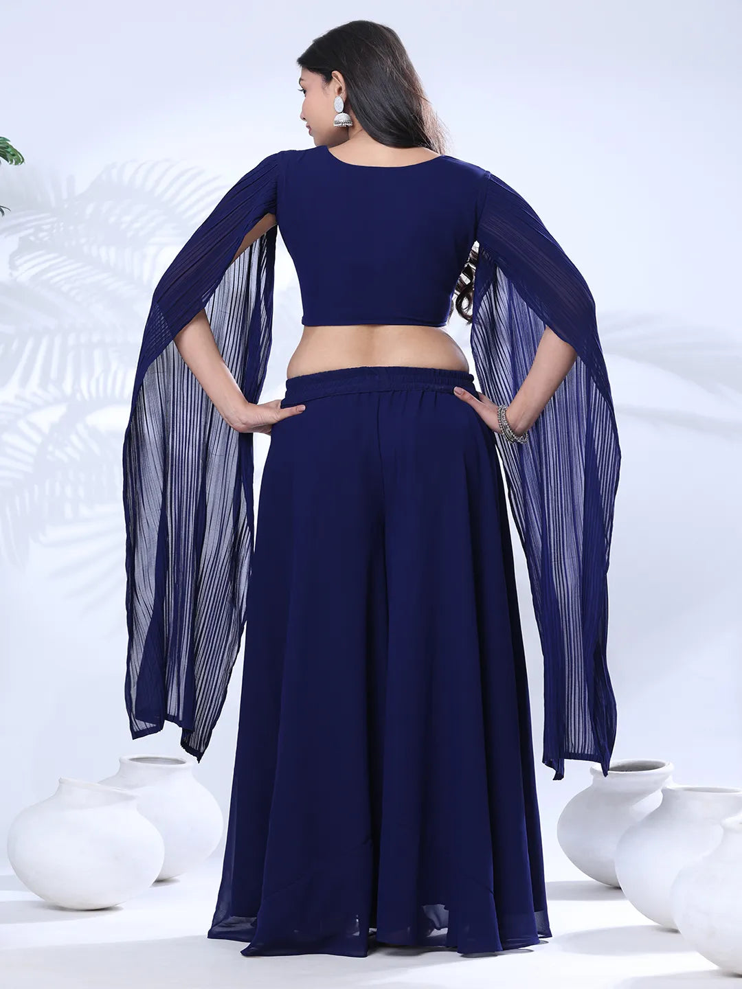 Georgette Floral Embroidered Sequined Crop Top with Palazzo