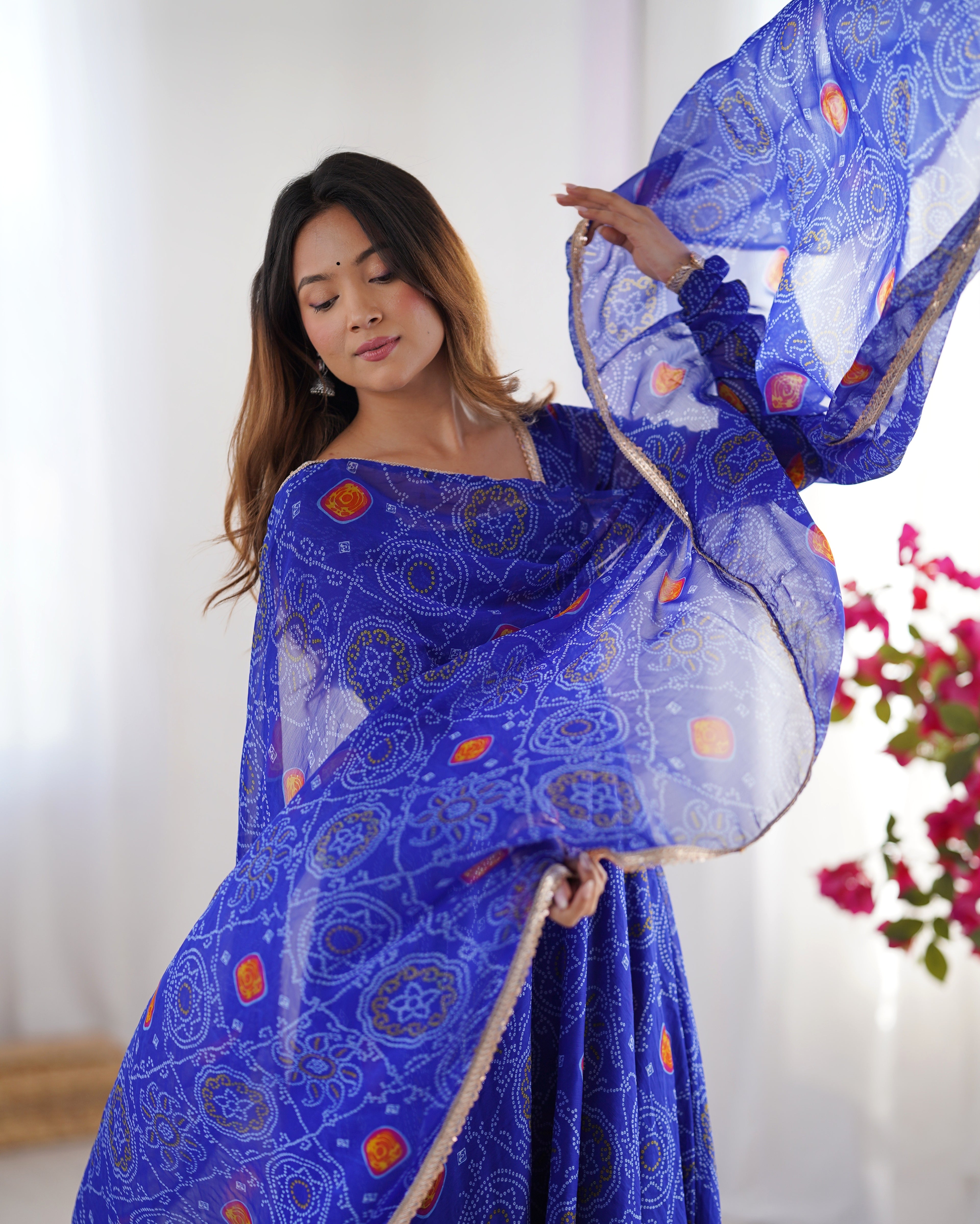 Women Bandhej Printed Chiffon Anarkali Kurta with Dupatta Set