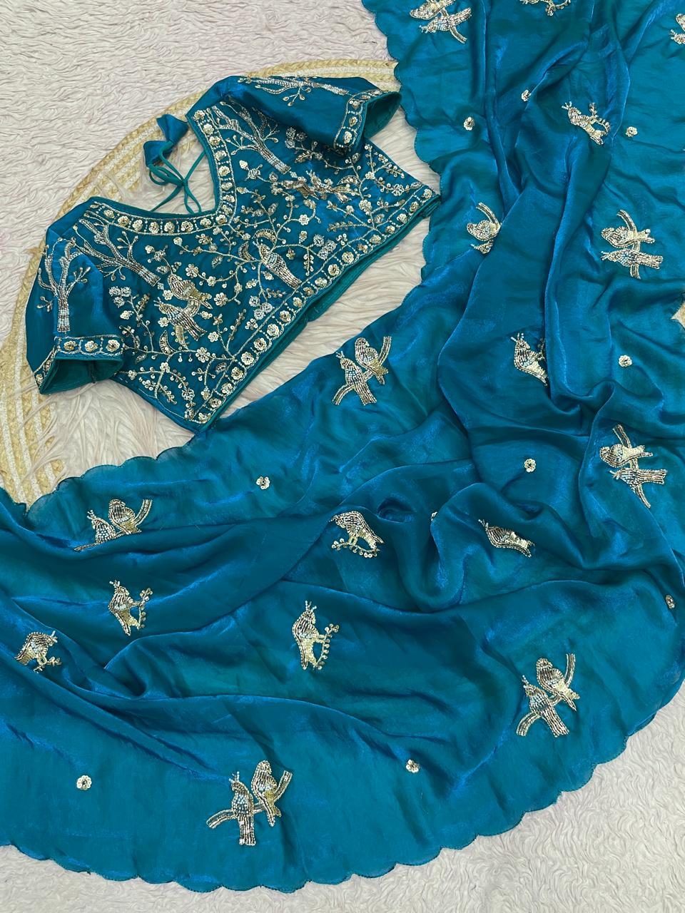 Satin Saree with Heavy Beaded Work Stitched Blouse