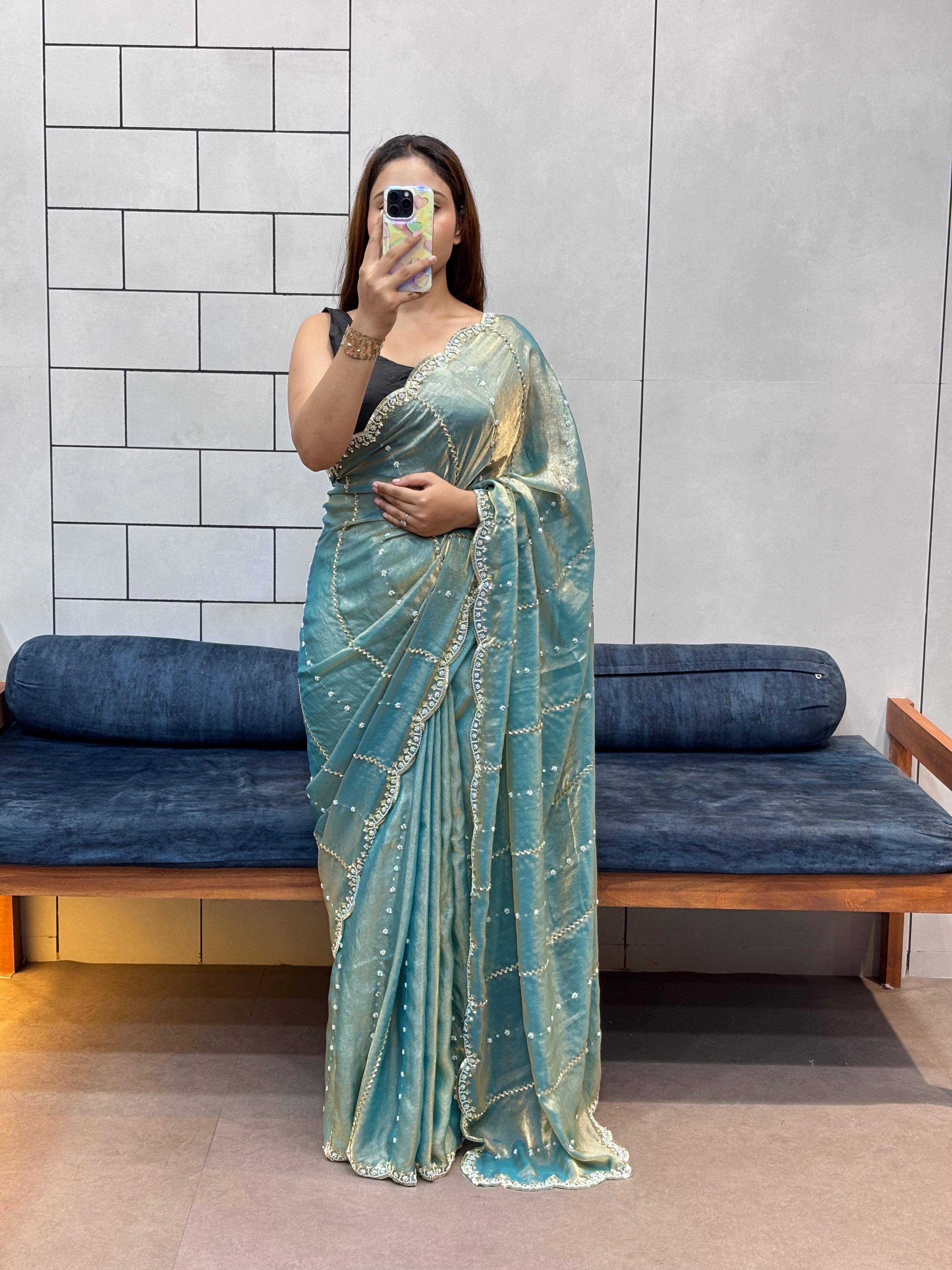 Hand-Embellished Silk Saree with Moti, Cutdana & Sequin Work