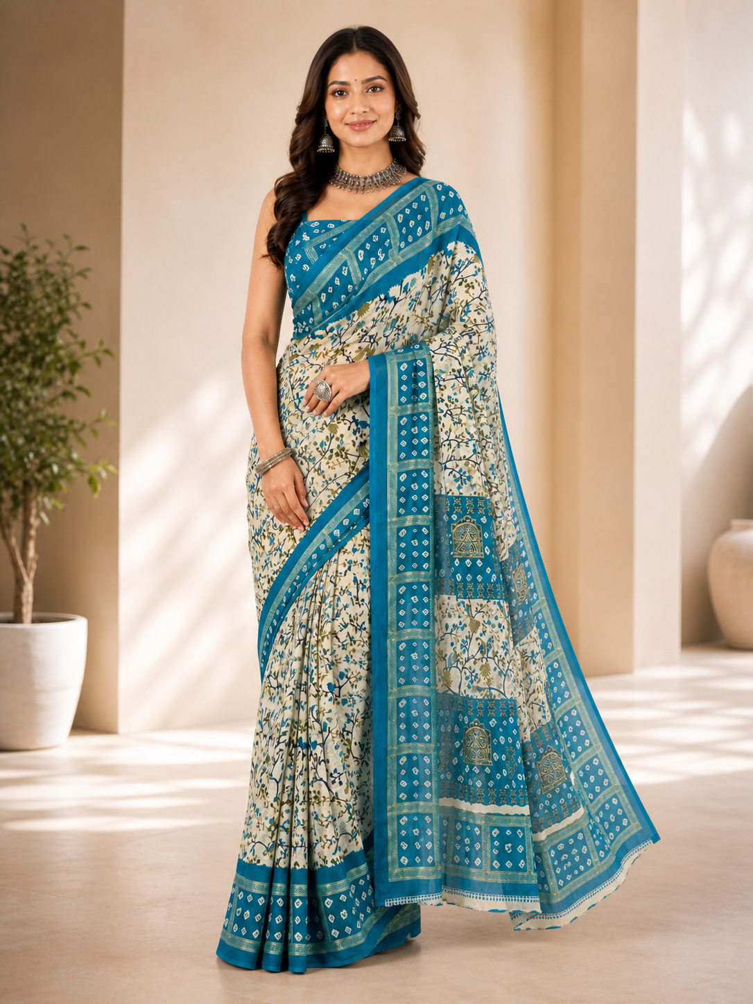 Women Printed Moss Chiffon Saree with Zari Border