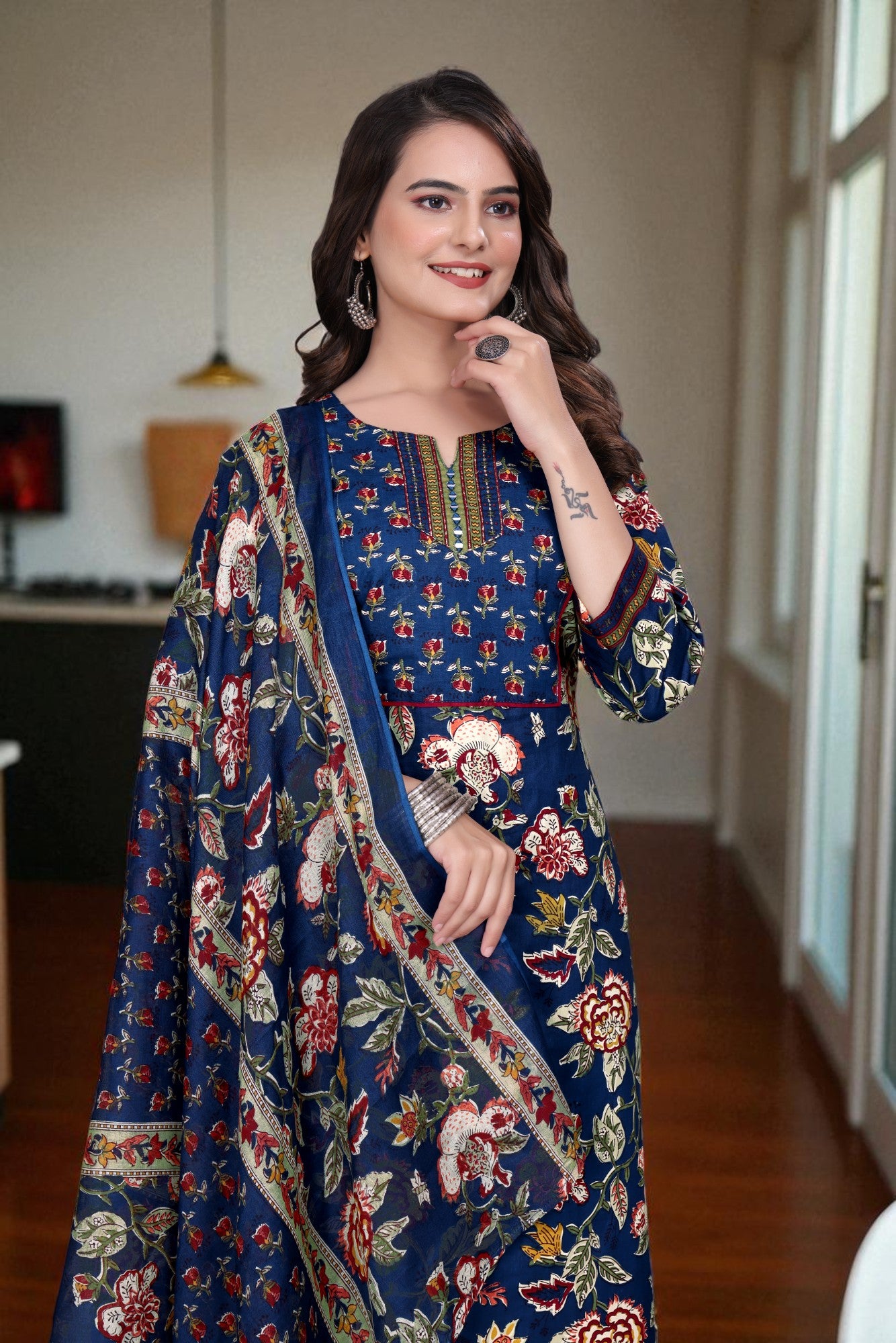 Women's Cotton Floral Printed Kurta Set with Dupatta
