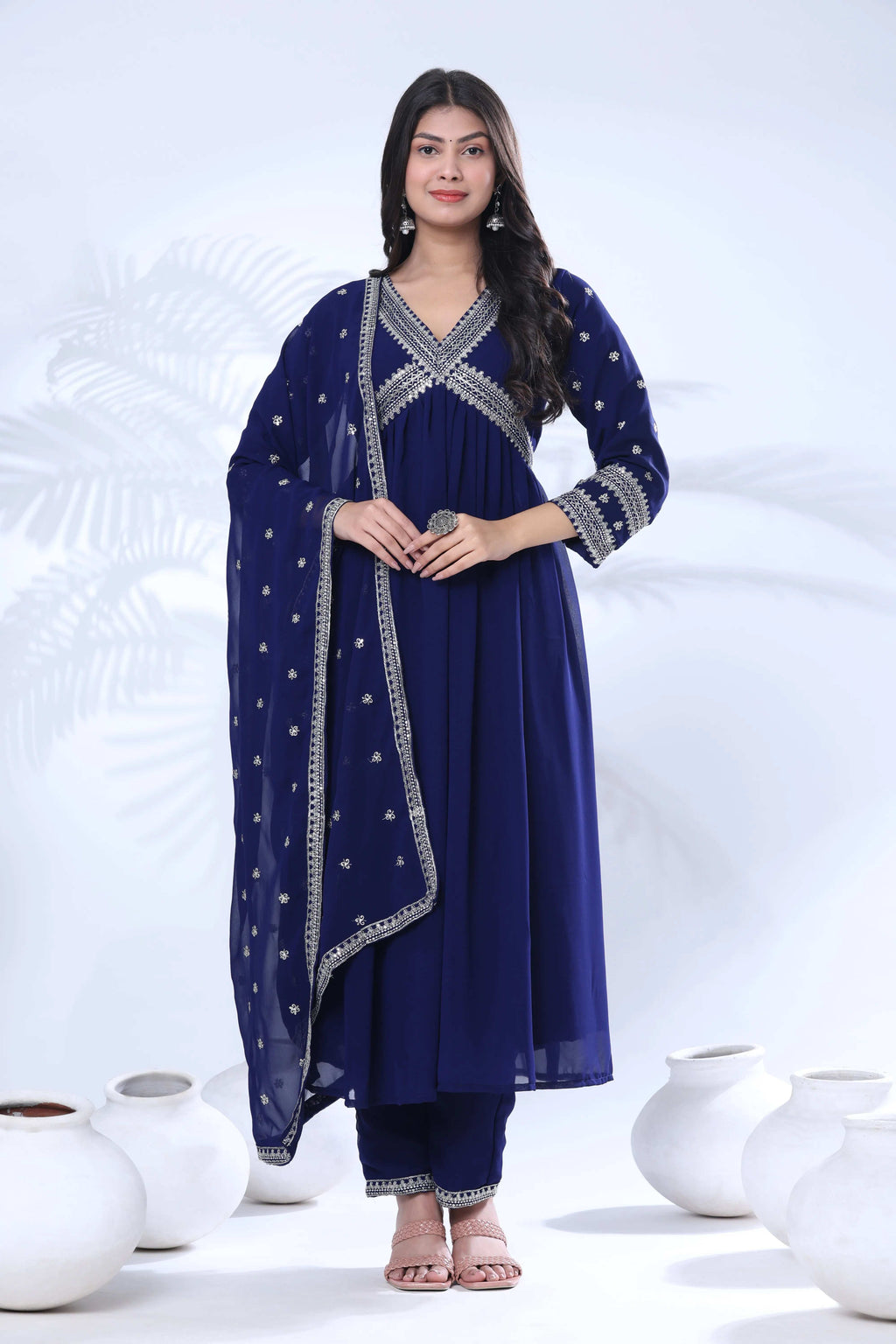 Embroidered Georgette Kurta Pant Set with Dupatta