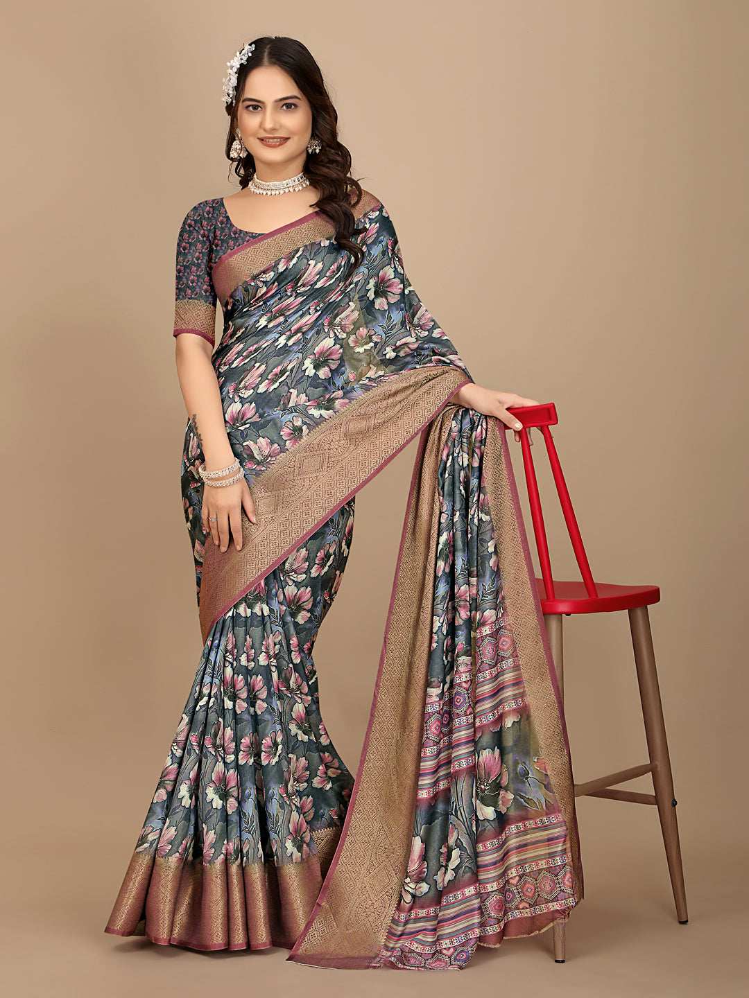 Moss Chiffon Digital Print With Jacquard Border Saree