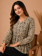 Women Pure Cotton Printed V Neck Flared Tunic