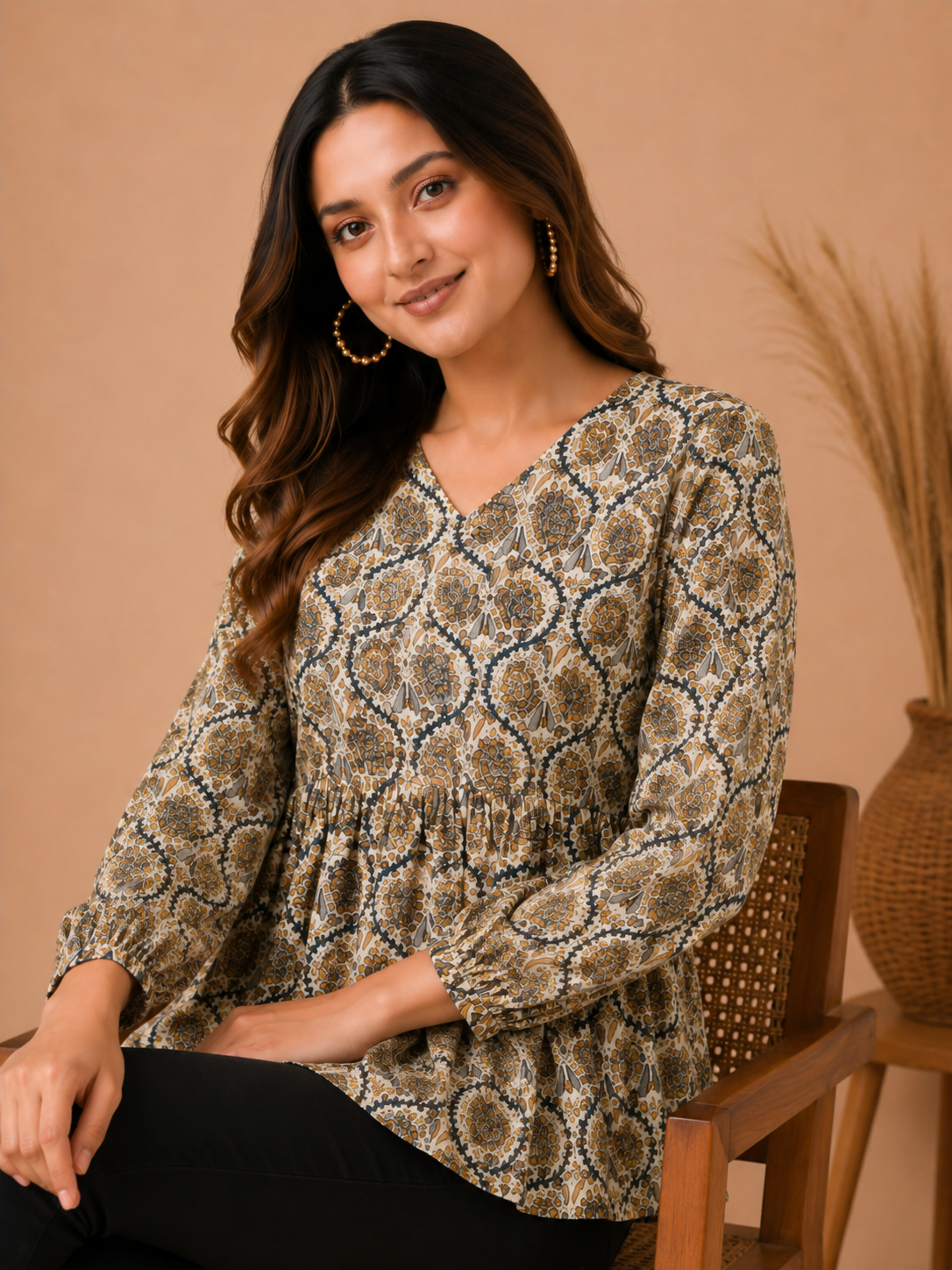 Women Pure Cotton Printed V Neck Flared Tunic