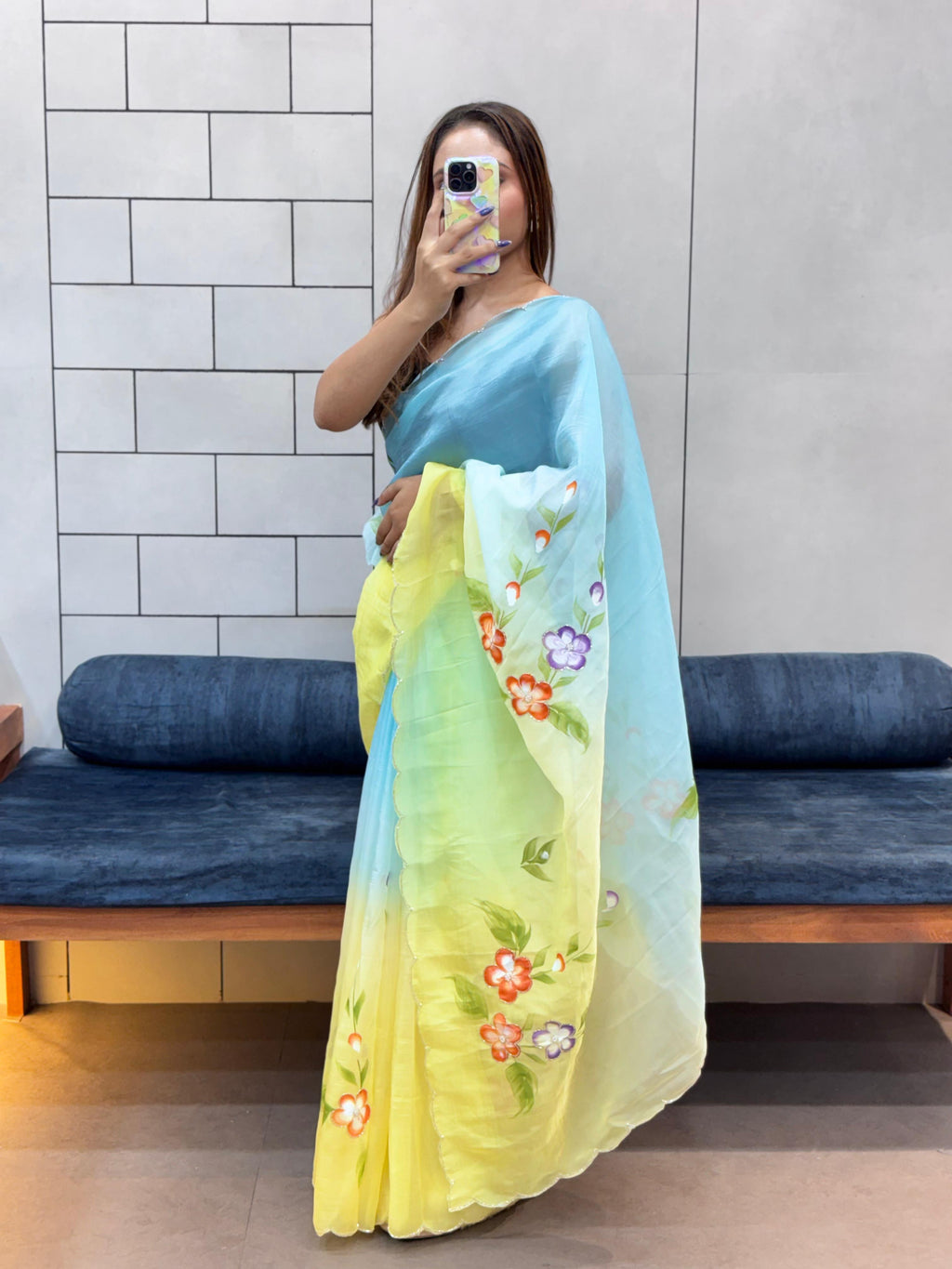 Exquisite Handpainted Crush Saree with Cut Dana Handwork & Designer Blouse