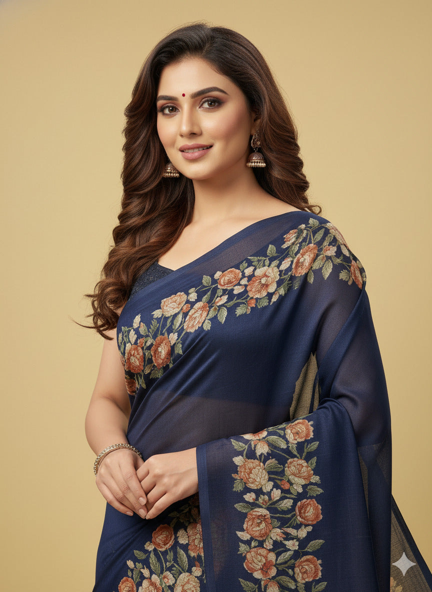 Elegant Floral Border Print Georgette Border Saree