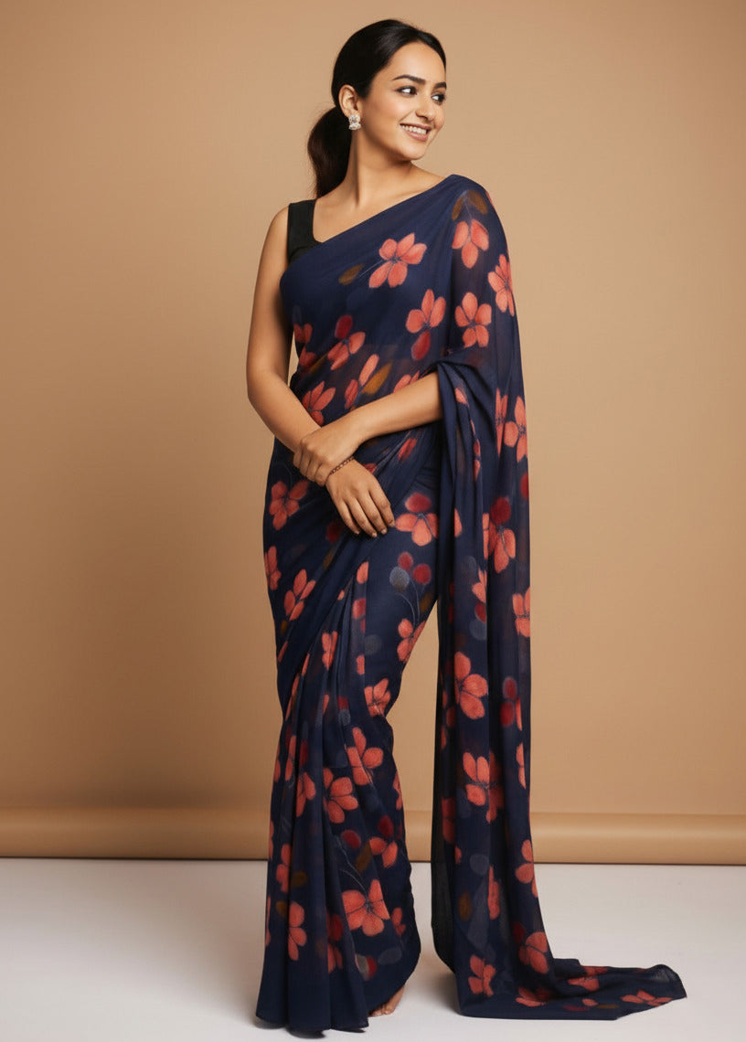 Vibrant Floral Print Georgette Ready to Wear Saree