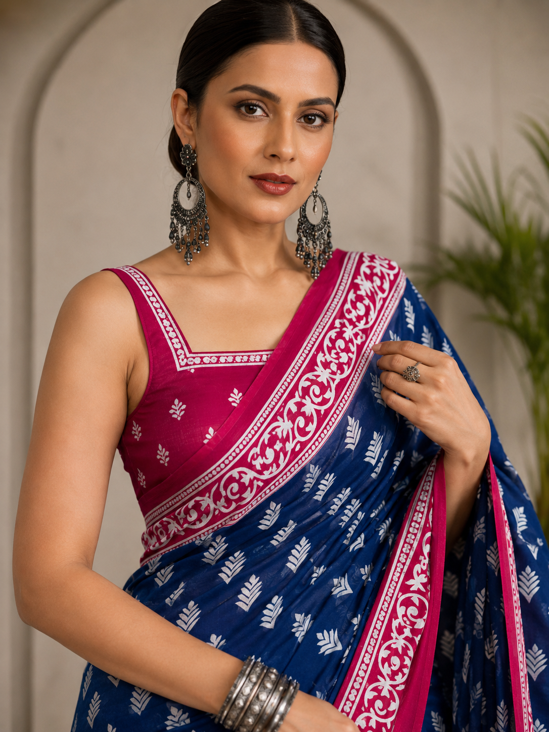 Block Printed Mulmul Saree with Leaf Motifs and Contrast Border
