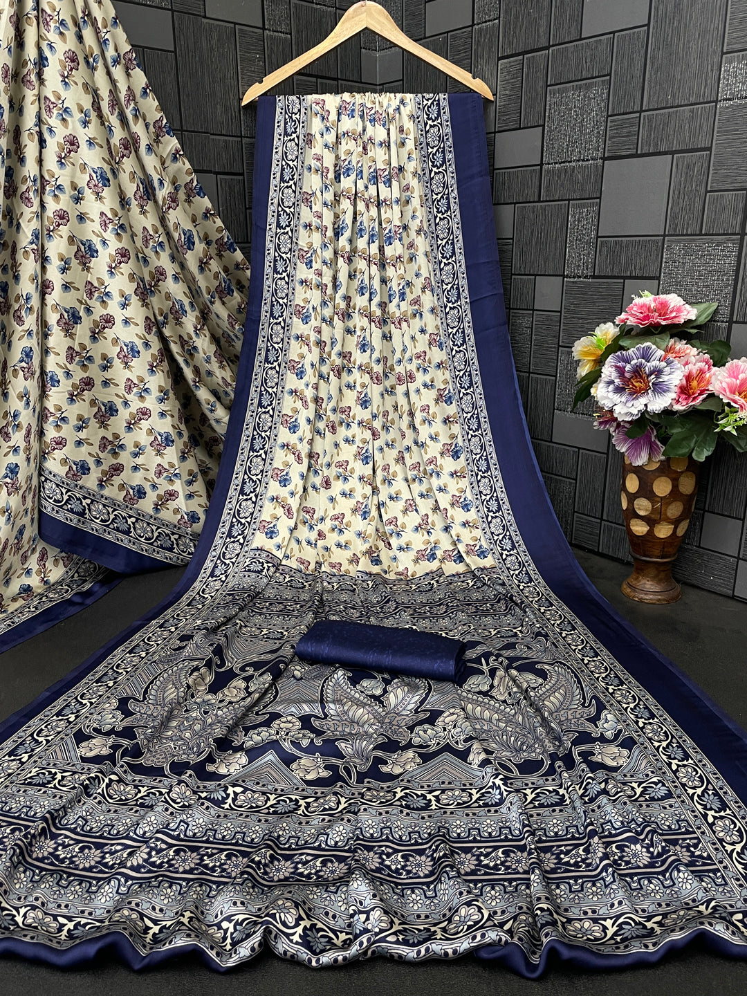 Satin Silk Saree with Floral & Paisley Prints