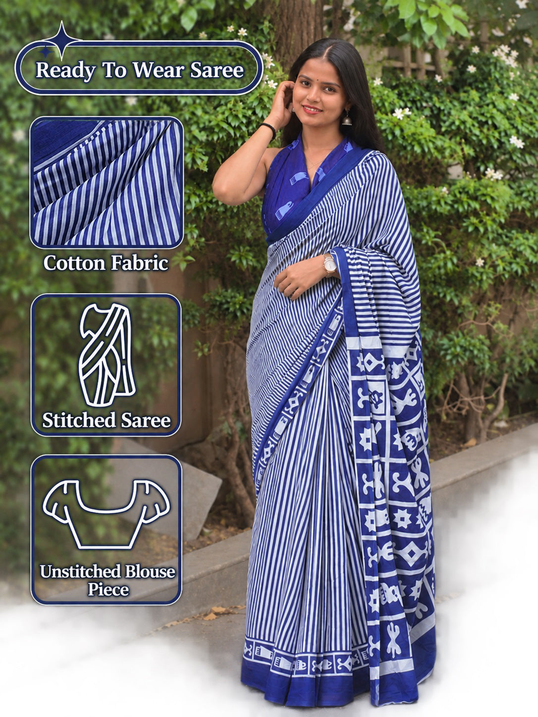 Ready To Wear Cotton Saree with Striped Pattern & Traditional Printed Pallu
