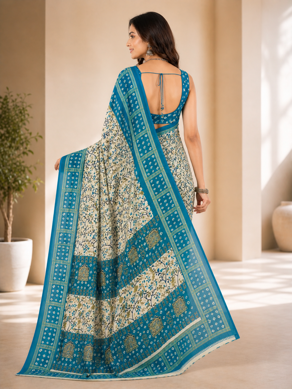 Women Printed Moss Chiffon Saree with Zari Border