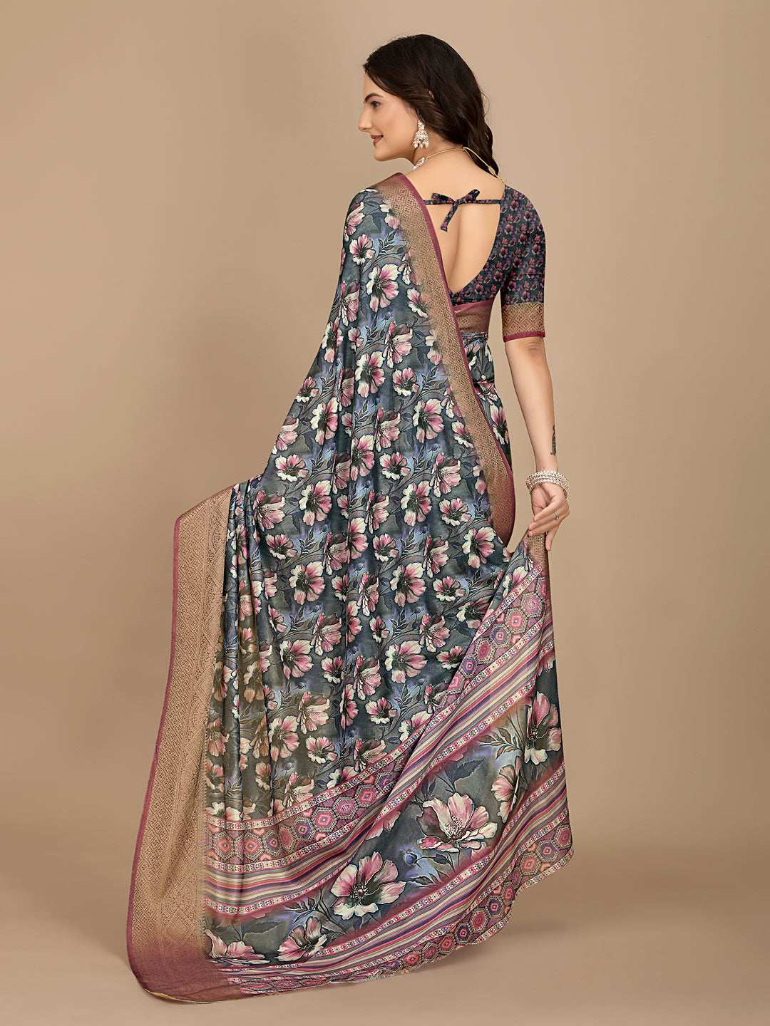 Moss Chiffon Digital Print With Jacquard Border Saree